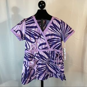 NWT Koi Womens Kathryn Loo Loo Pink Purple Floral Scrub Top Size XS